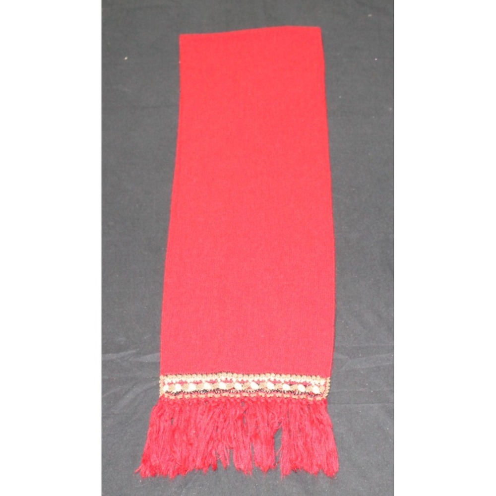 100% Alpaca Red Scarf Peru Fringe Embroidered Woven Trim Long Winter Scarf 64x9